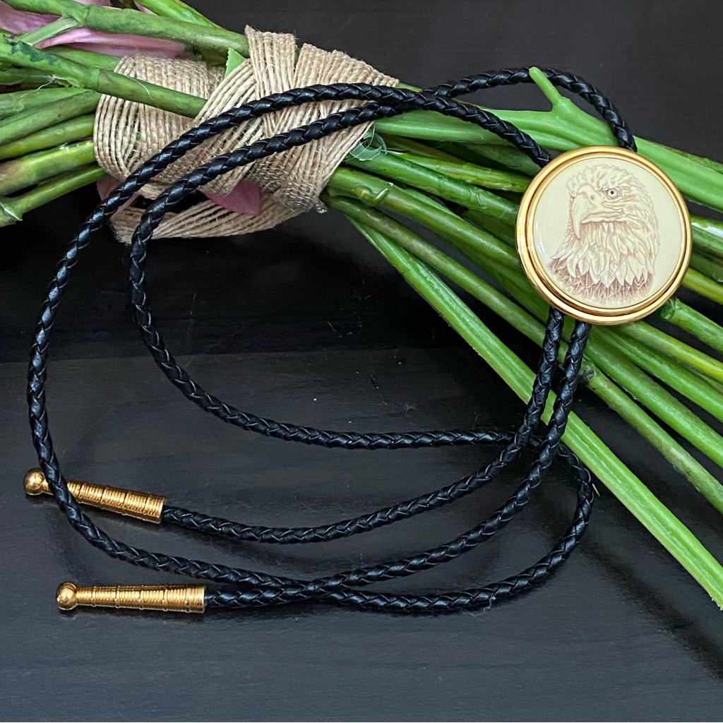 Vintage Barlow Bald Eagle Gold-Tone Enamel Black Braided Leather Bolo Tie